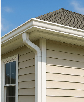 After: Stained, weathered gutter and downspout replaced with clean seamless eavestrough.