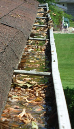 Before: Leaf dam and standing water removed, gutter re-sloped so it empties to the downspout.
