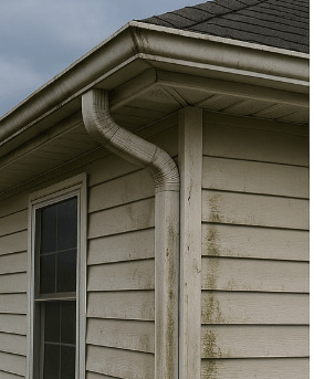 Before: Stained, weathered gutter and downspout replaced with clean seamless eavestrough.